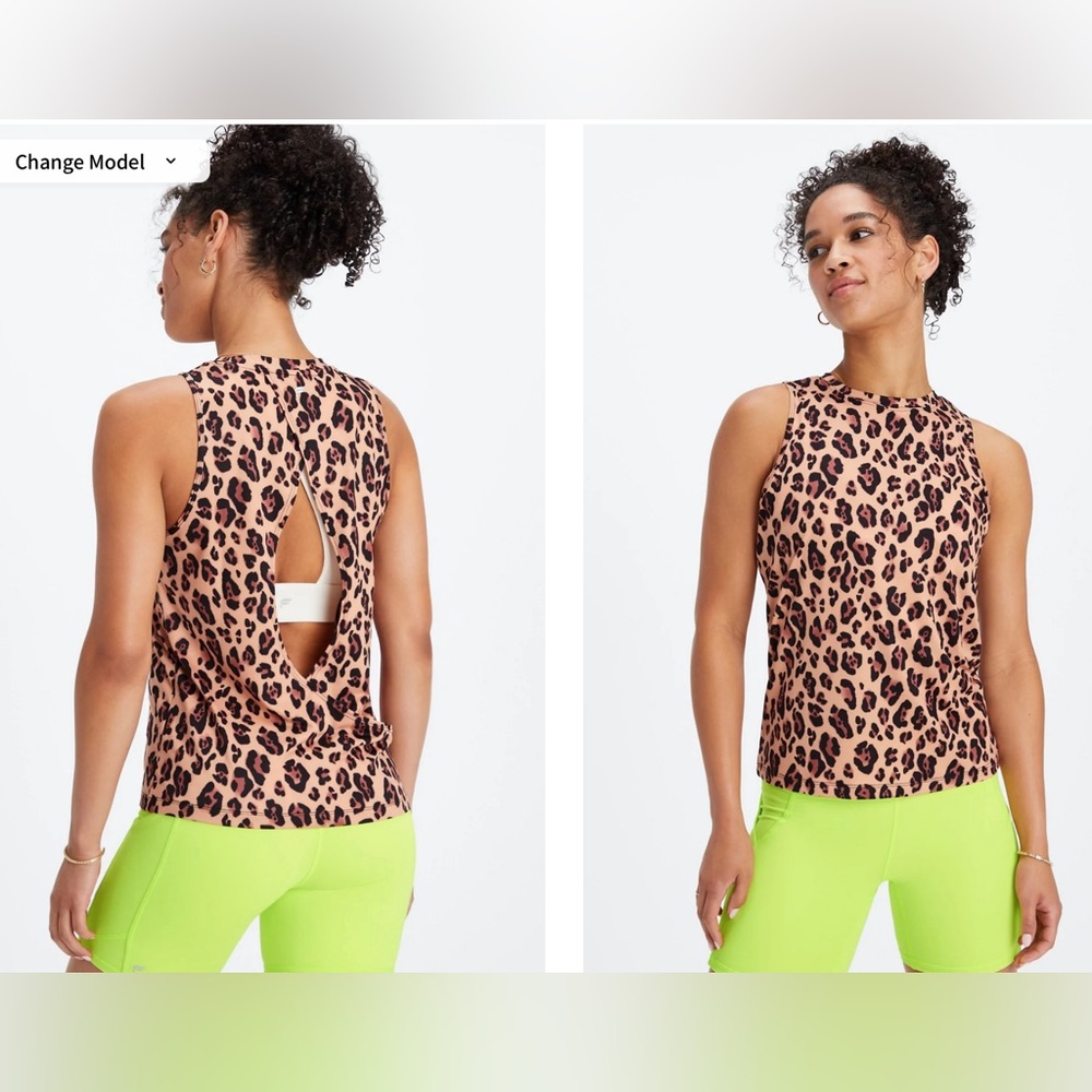 Fabletics dry-flex open back workout tank top in leapard print